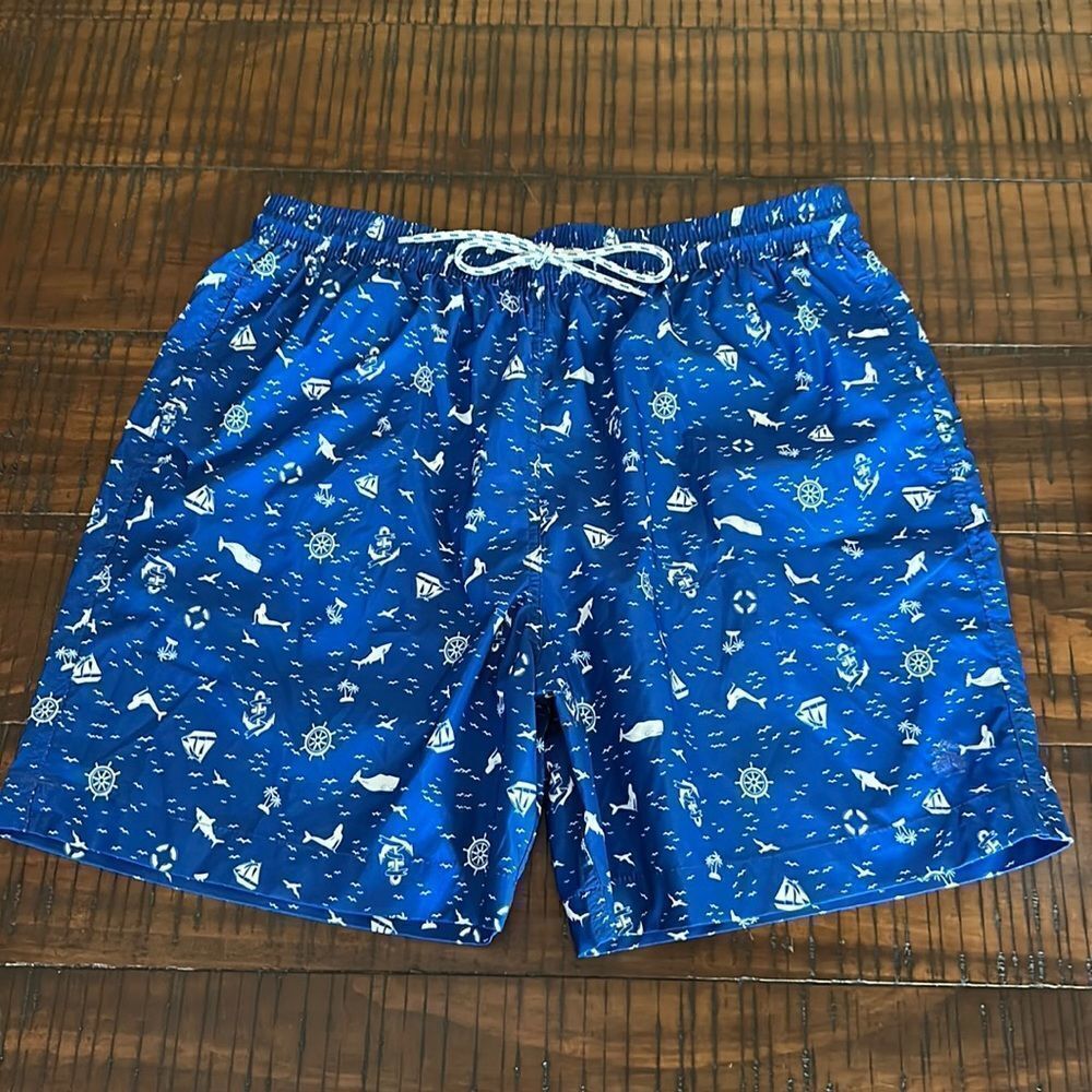 Brooks brothers swim trunks sailing mermaids whales blue L